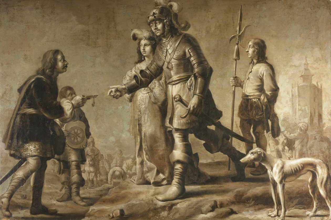 Boudewijn van Heusden (?-870) en zijn vrouw Sophia ontvangen hulde van de gezant van koning Edmund, ca. 1626 door Adriaen Pietersz van de Venne (manner of)