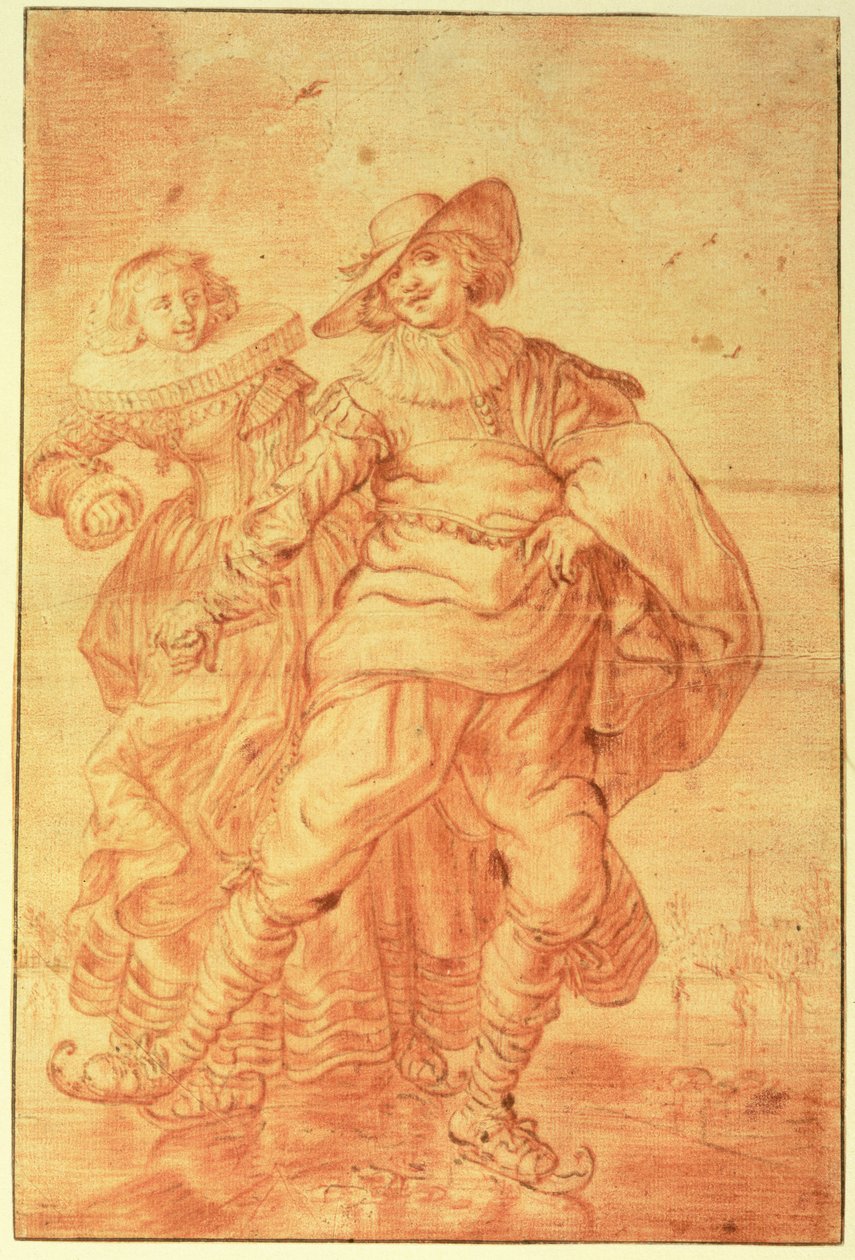 Een Dame en Heer Schaatsen op IJs door Adriaen Pietersz van de Venne