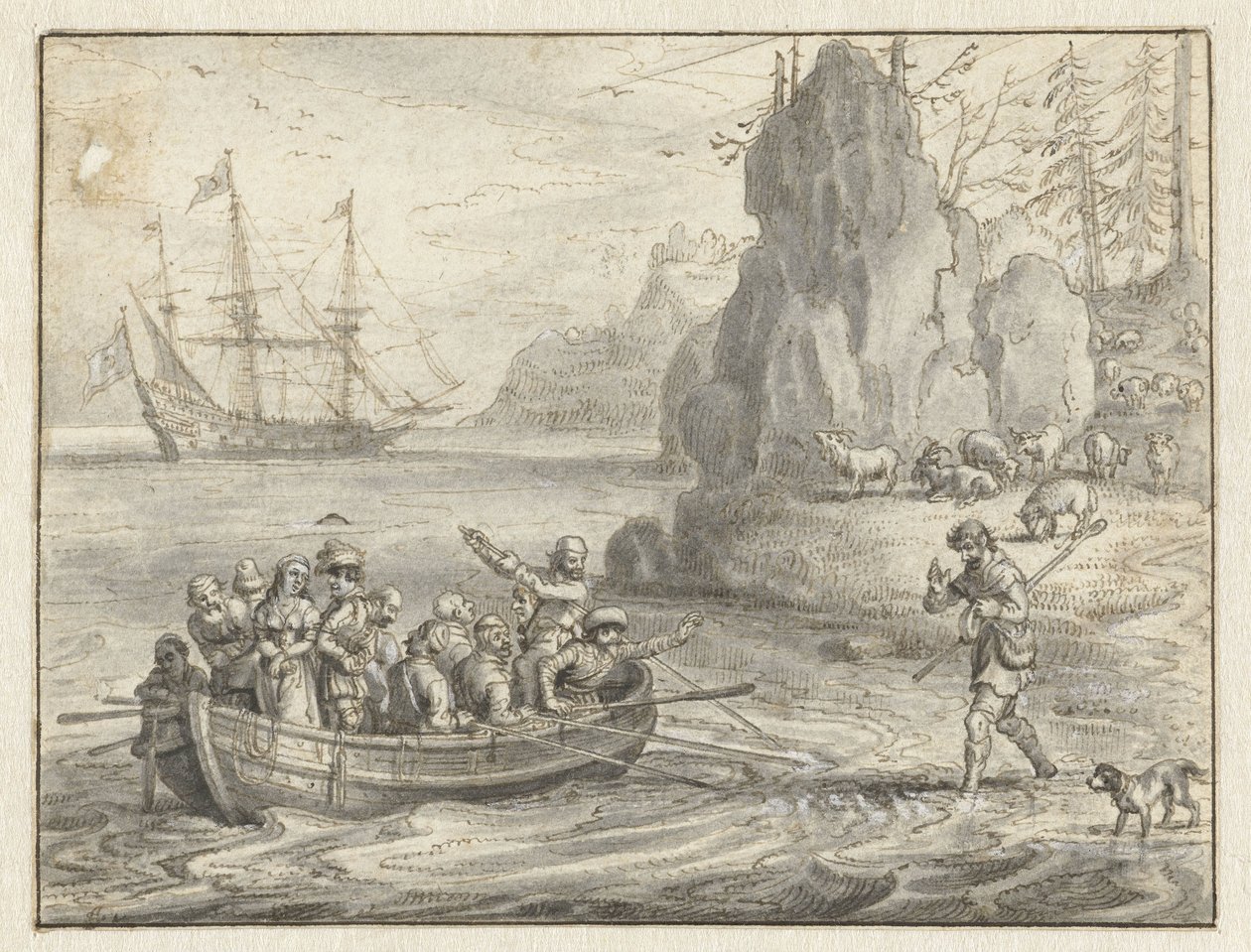 Celadon smeekt piraten om hem mee te nemen met zijn ontvoerde vrouw, Galatea door Adriaen Pietersz van de Venne