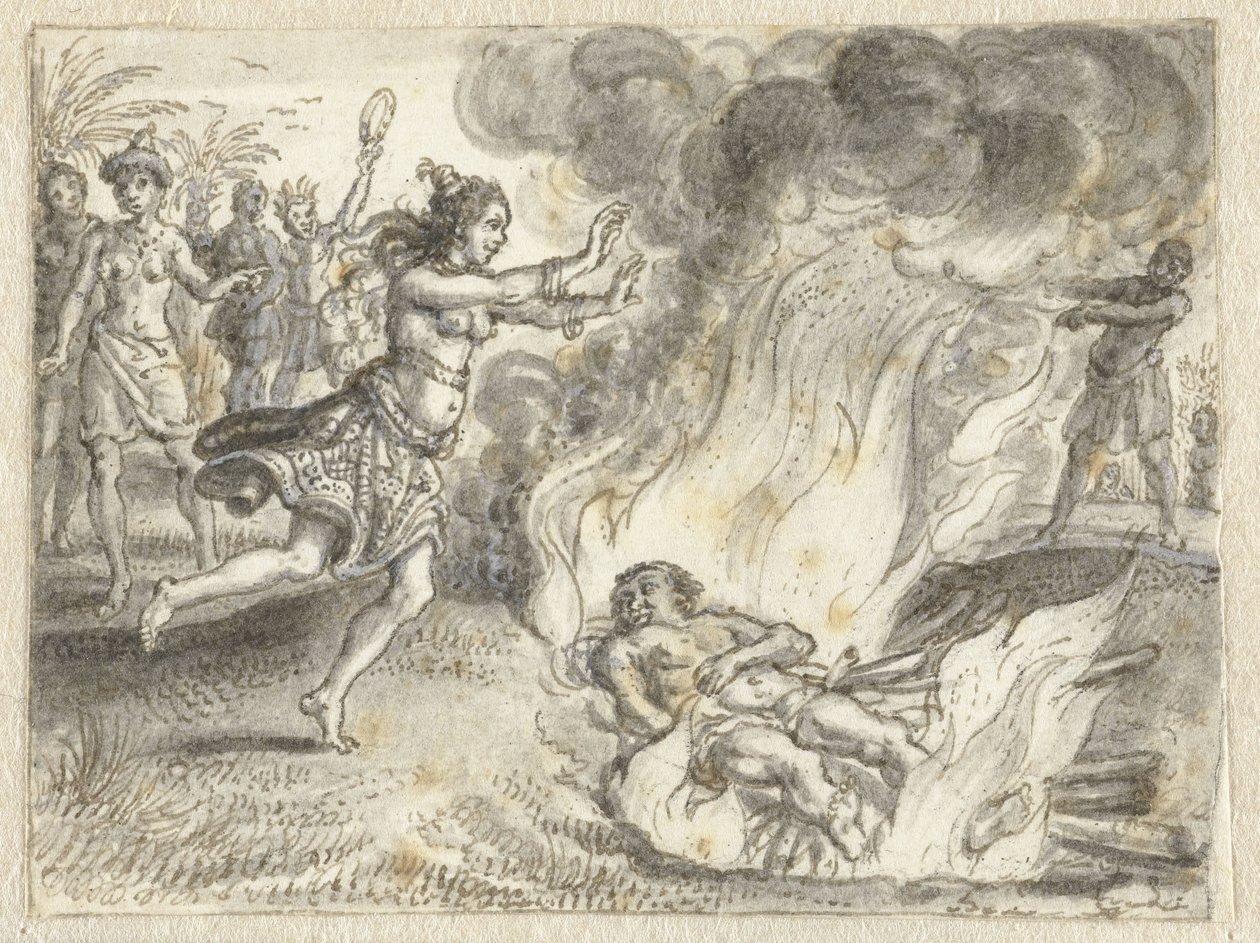 Crematie zoals beoefend door mensen in een ver land door Adriaen Pietersz van de Venne
