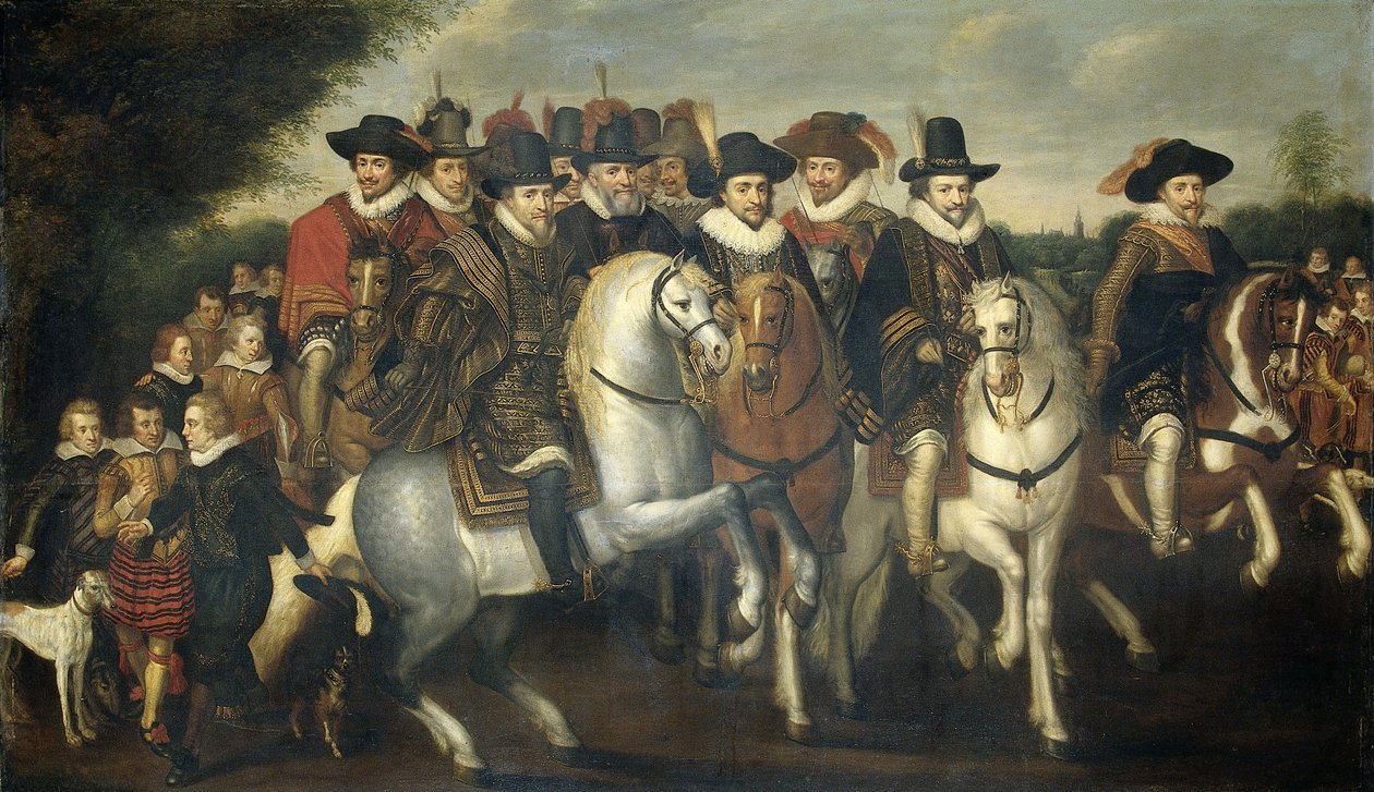 Prins Maurits vergezeld door zijn twee broers, Frederik V, keurvorst van de Palts, en graven van Nassau te paard, ca. 1625 door Adriaen Pietersz van de Venne