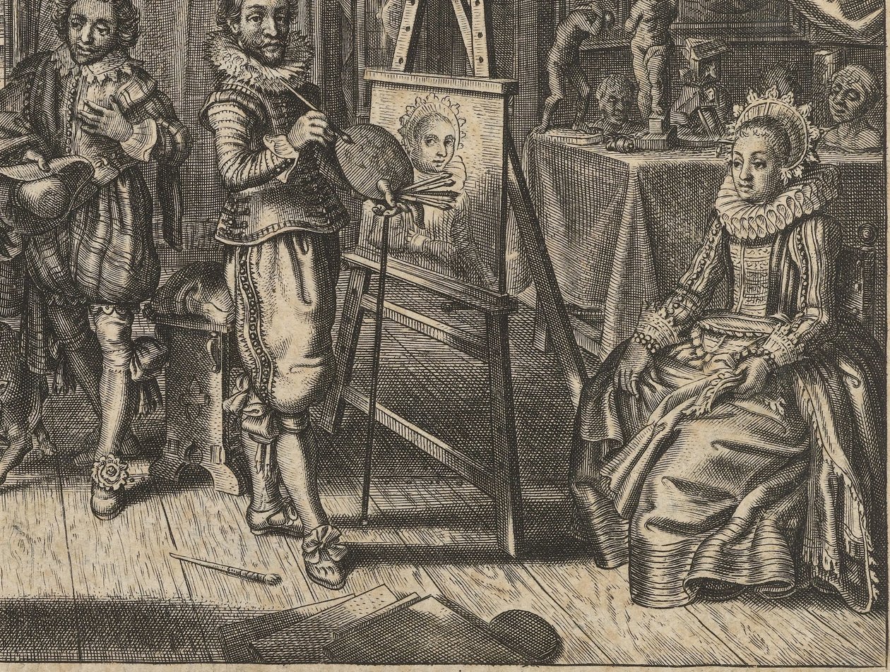 Schilder en vrouwelijk model in atelier door Adriaen Pietersz van de Venne