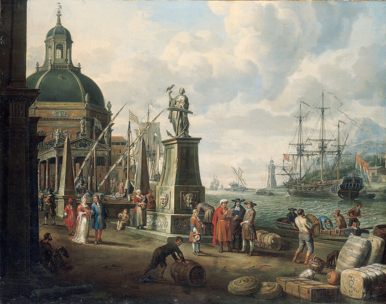 Een capriccio van een Middellandse Zee haven met kooplieden, een elegant paar aan de kade, voor een standbeeld van Hoop en een barokke kerk, een vuurtoren, een Nederlandse oorlogsschip, en andere schepen daarbuiten, 1700 door Adriaen Verdoel