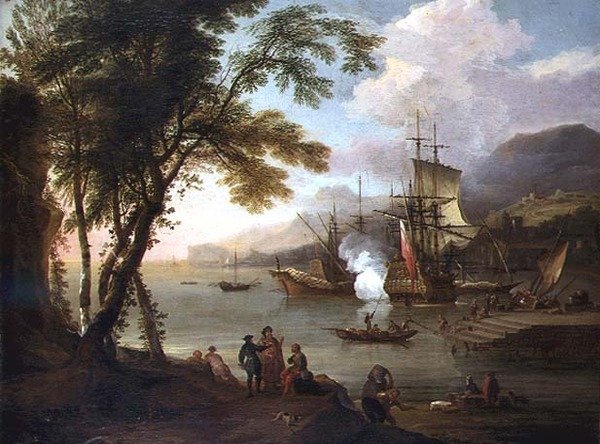 Een capriccio van een mediterrane haven met schepen, kooplieden en havenarbeiders door Adriaen van Diest