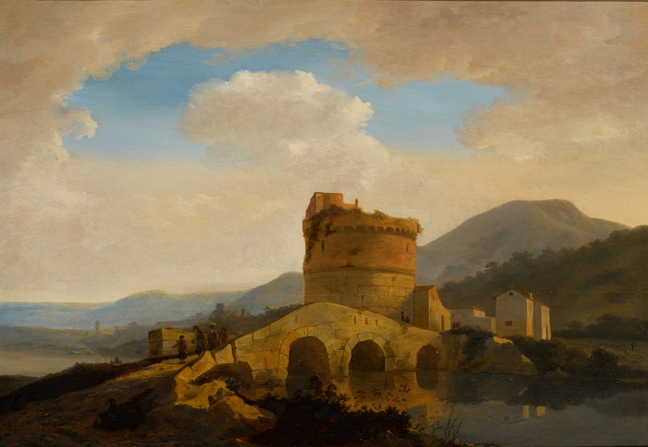 Landschap bij Rome, met het graf van de Plautii bij de rivier Aniene door Adriaen van Eemont