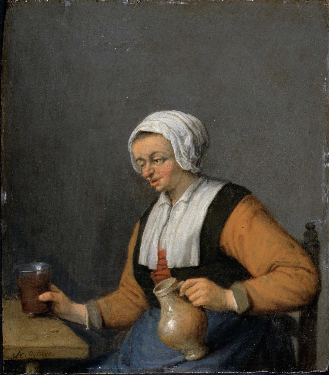 Een vrouw met een bierkan door Adriaen van Ostade