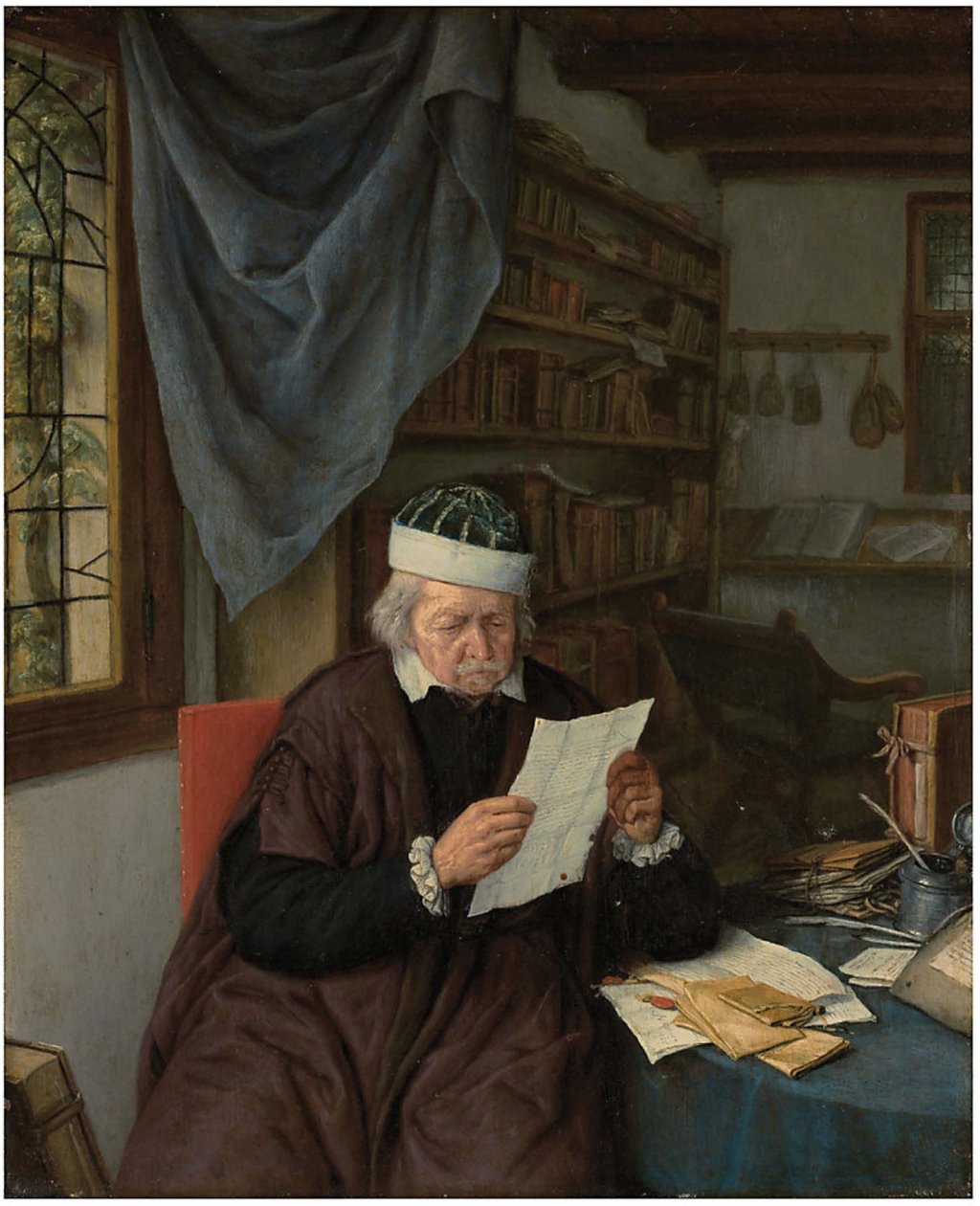 Een advocaat aan een tafel leest een brief door Adriaen van Ostade