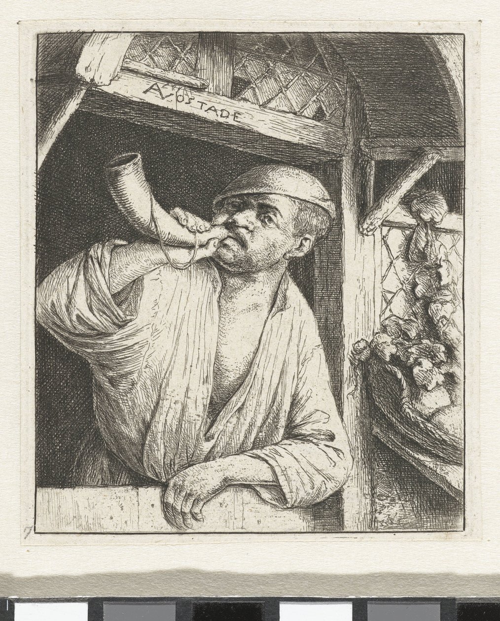 Bakker blaast op een hoorn door Adriaen van Ostade