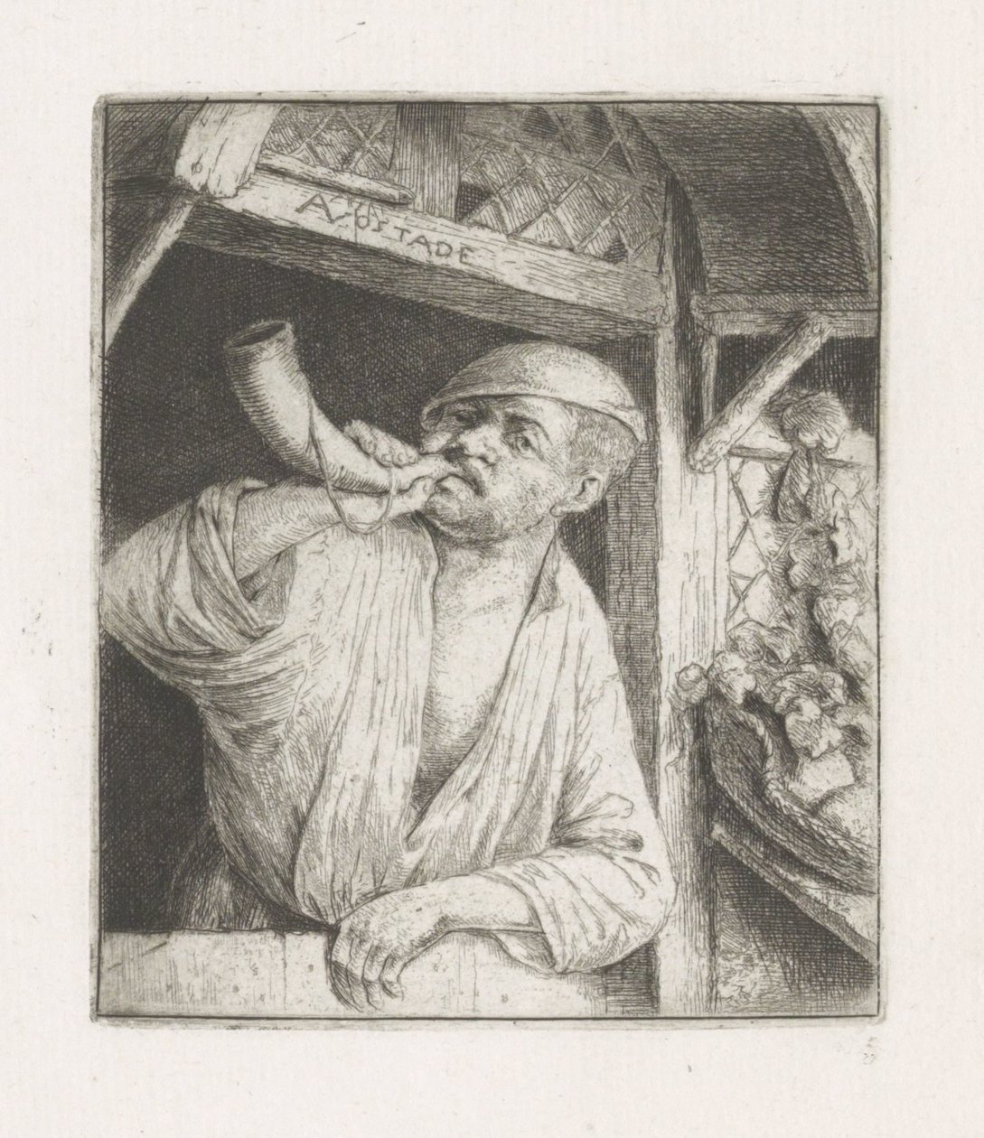 Bakker blaast op een hoorn in een deuropening door Adriaen van Ostade