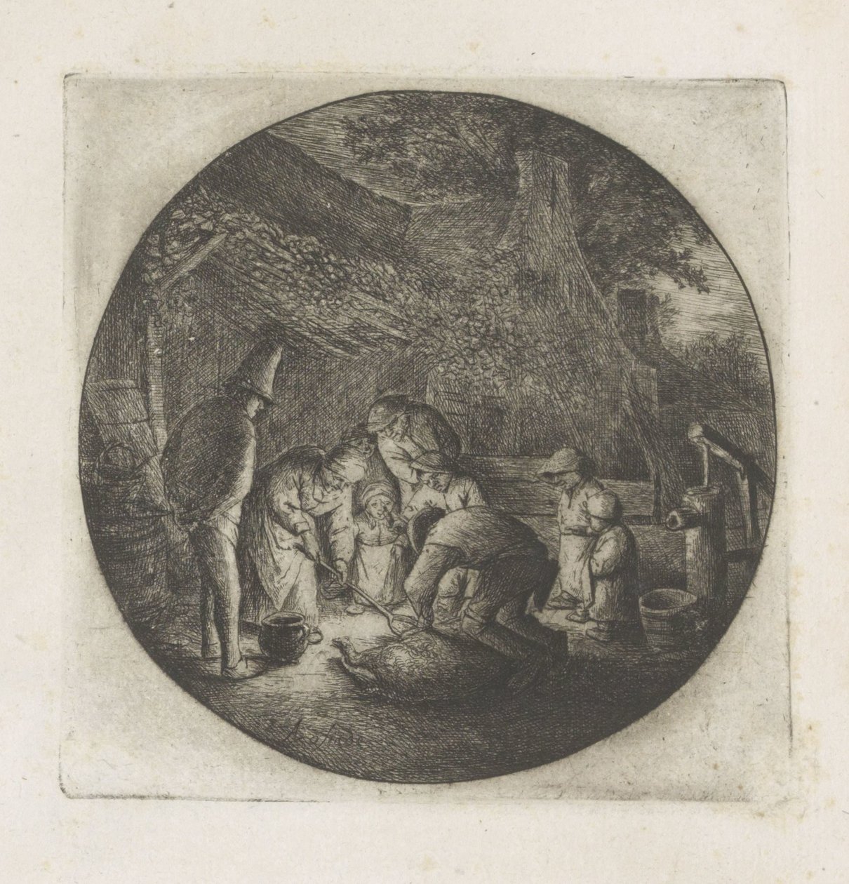 Boerenfamilie bij het slachten van een varken door Adriaen van Ostade