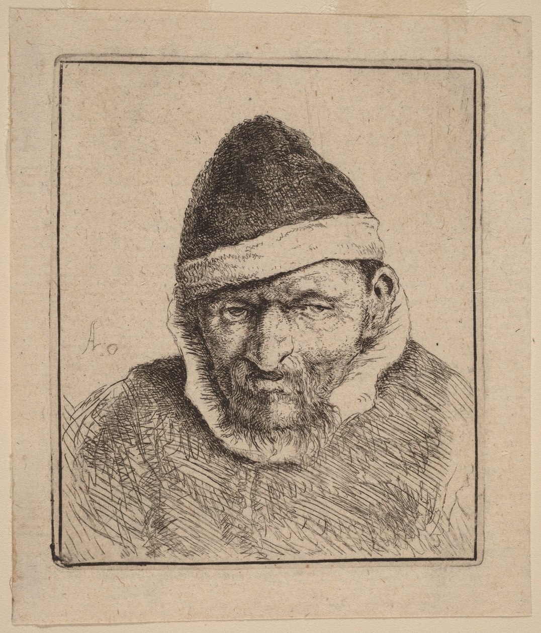 Buste van een boer met een puntige bontmuts door Adriaen van Ostade