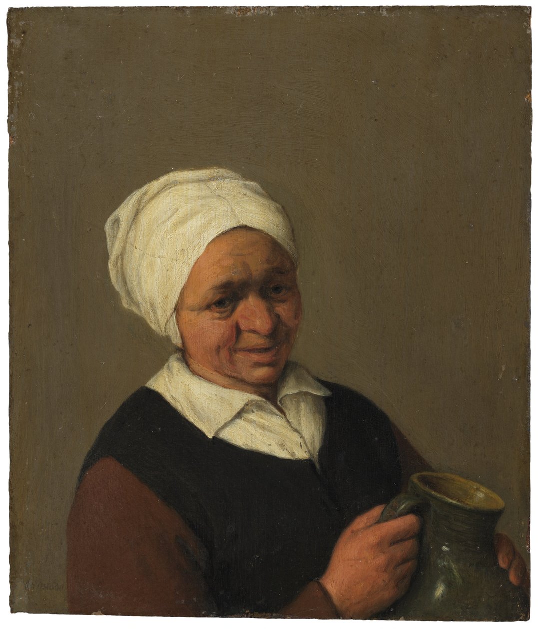 Buste van een oude boerin met een kruik in haar handen door Adriaen van Ostade