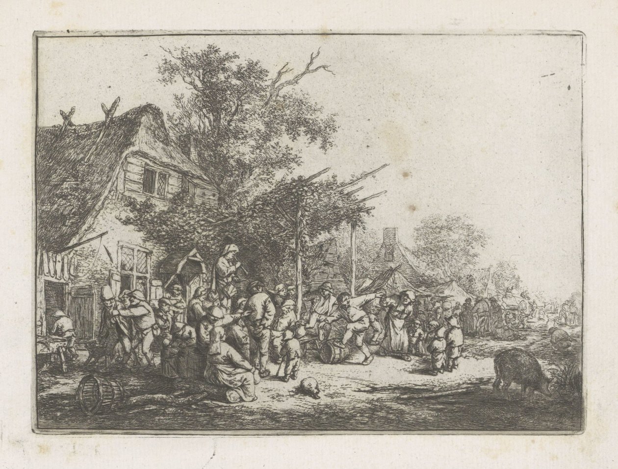 Dansende boeren voor een herberg door Adriaen van Ostade