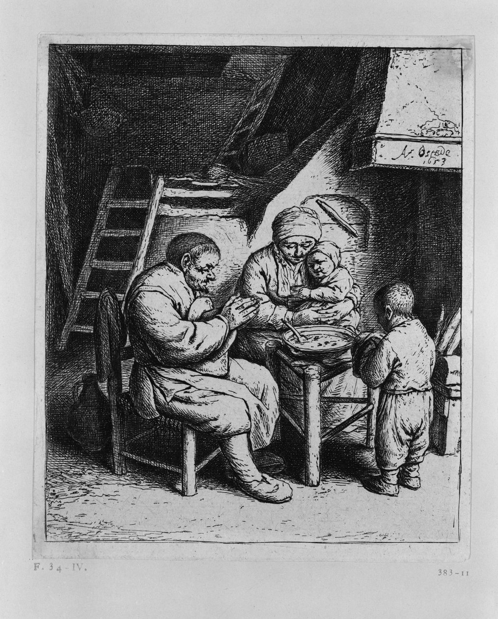 Het tafelgebed door Adriaen van Ostade