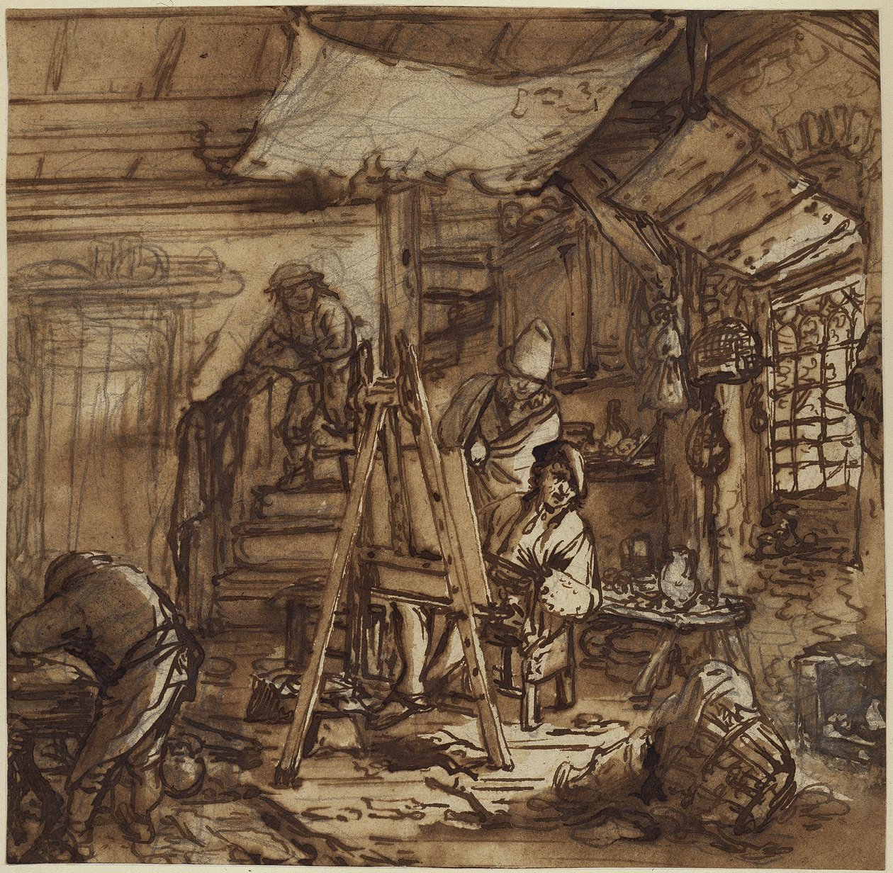 De schilder in zijn atelier door Adriaen van Ostade