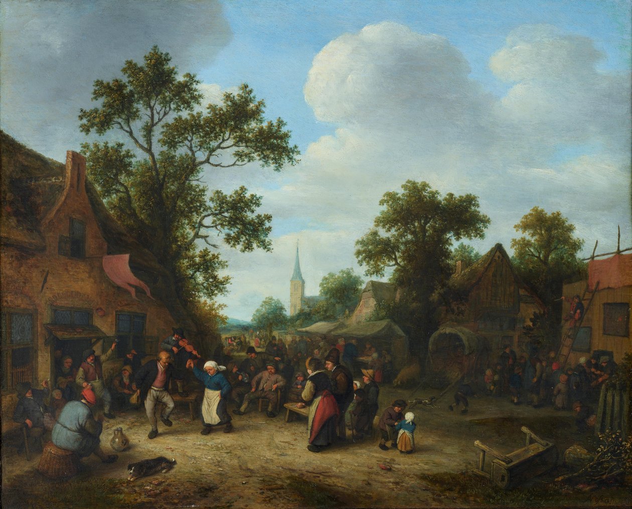 Dorpsfeest met een dansend boerenpaar door Adriaen van Ostade