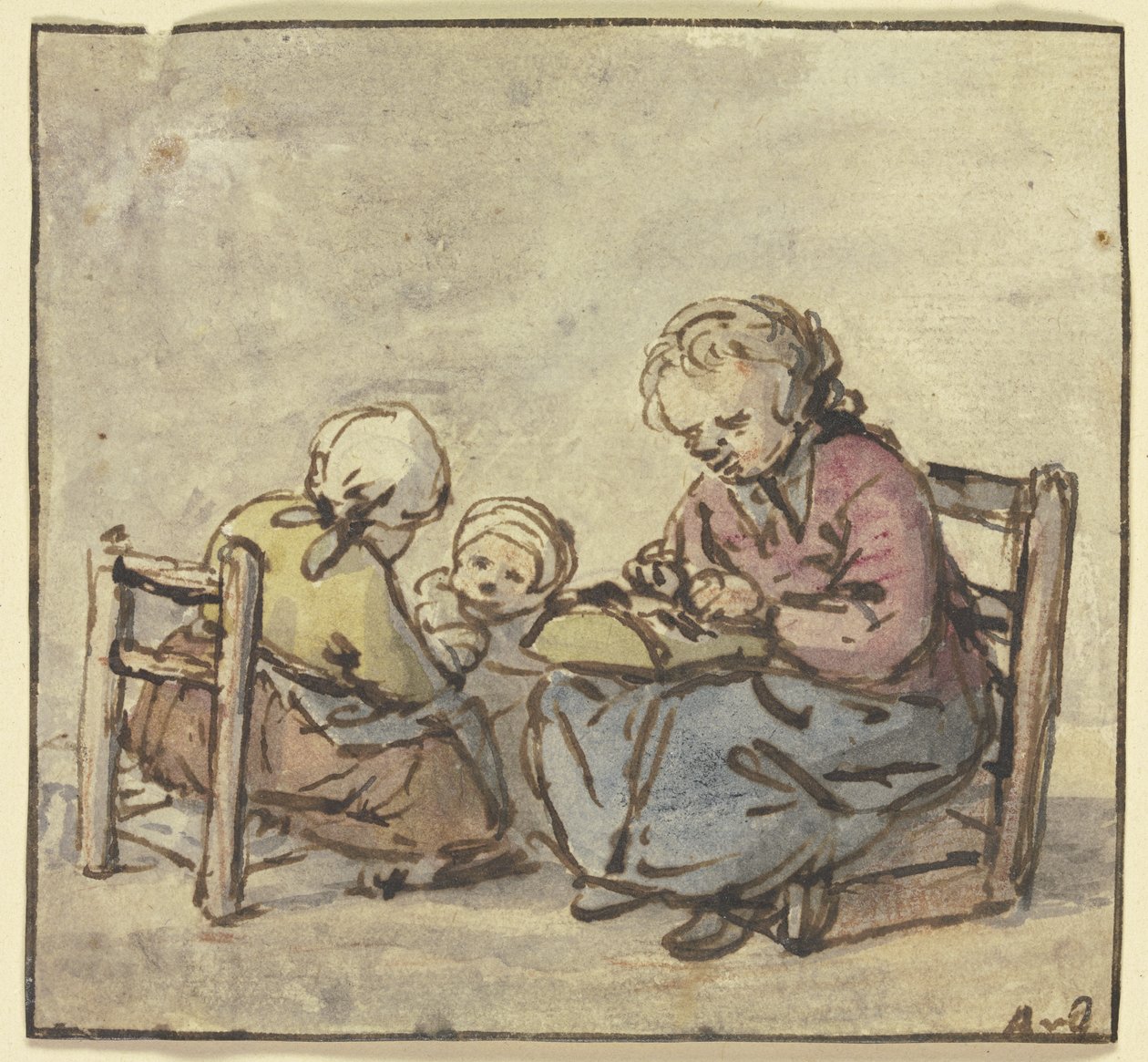 Drie meisjes, de oudste klossend door Adriaen van Ostade