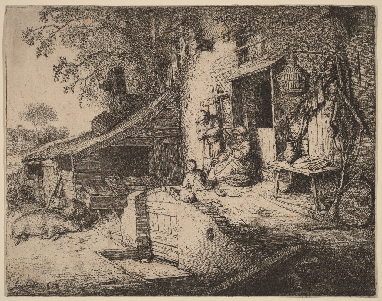 Boerderij met een boerenfamilie voor de voordeur, de vrouw spint door Adriaen van Ostade