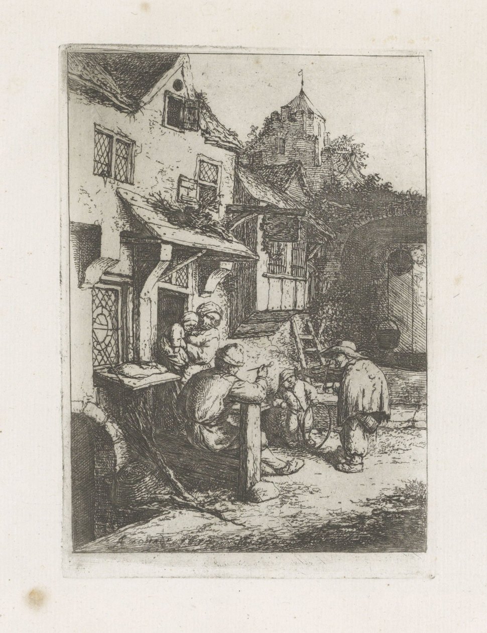 Gebochelde vioolspeler voor een herberg door Adriaen van Ostade