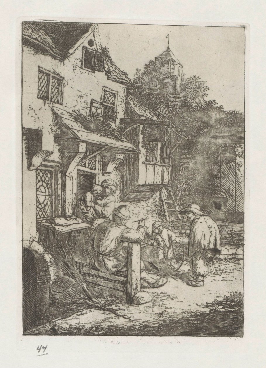 Gebochelde vioolspeler voor een herberg door Adriaen van Ostade