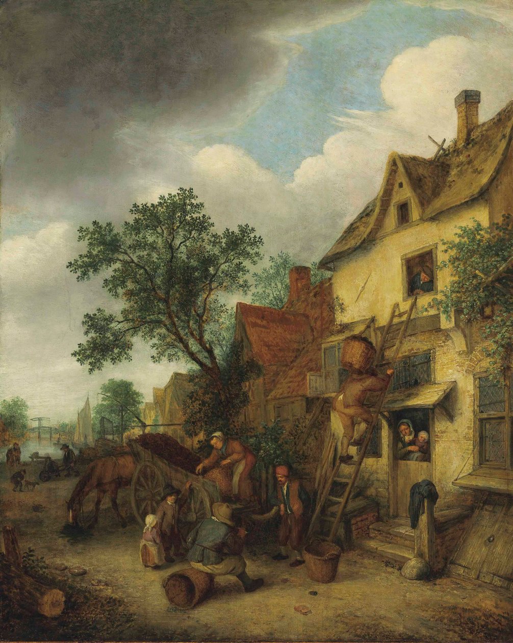 Duits: Bauern beim Torfabladen Dorpelingen die turf naar een huis dragen door Adriaen van Ostade