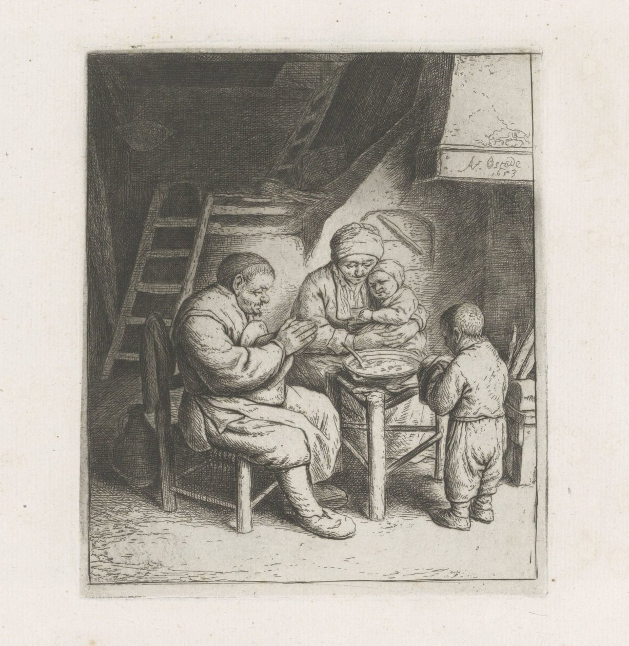 Gezin bidt voor de maaltijd door Adriaen van Ostade