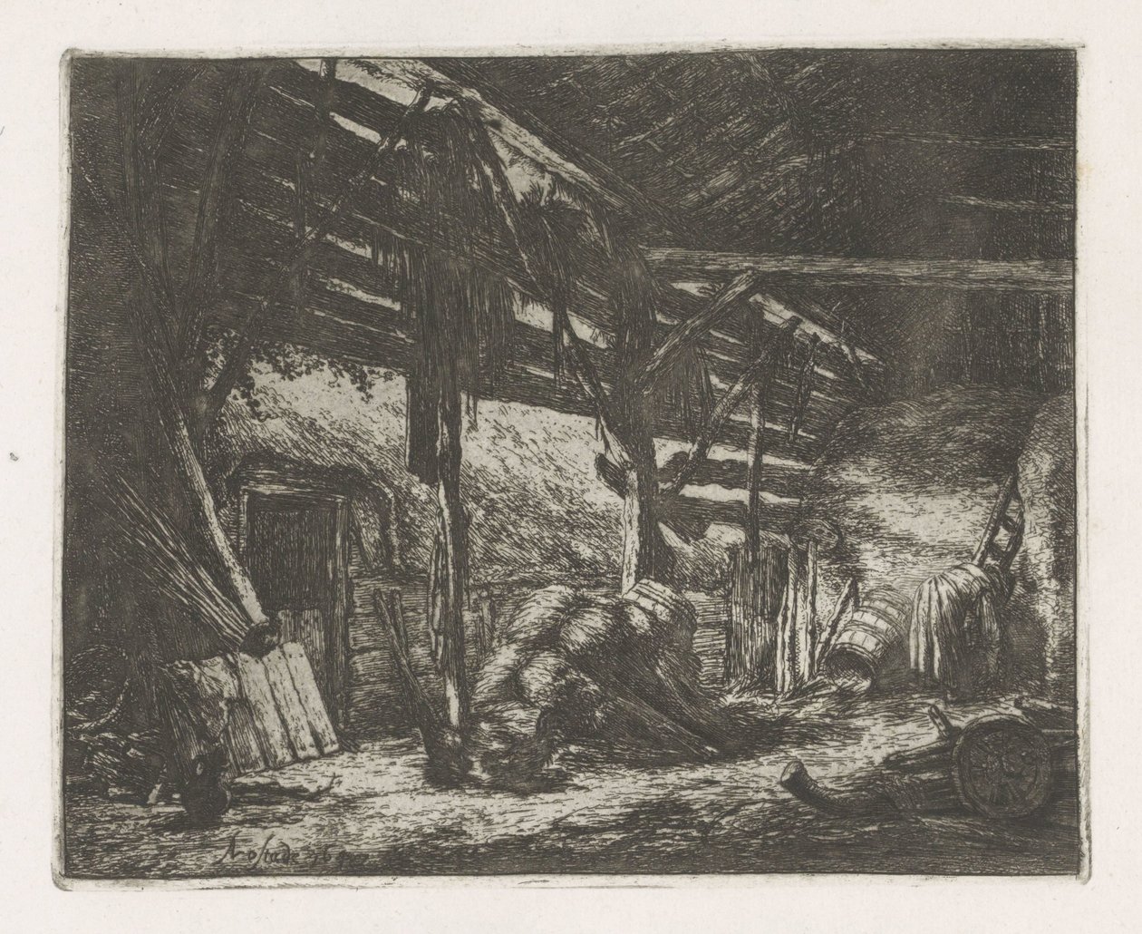 Interieur van een hooischuur door Adriaen van Ostade