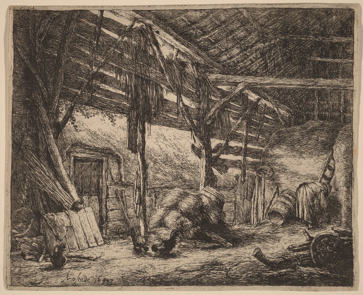Interieur van een schuur met een boerin aan het werk door Adriaen van Ostade