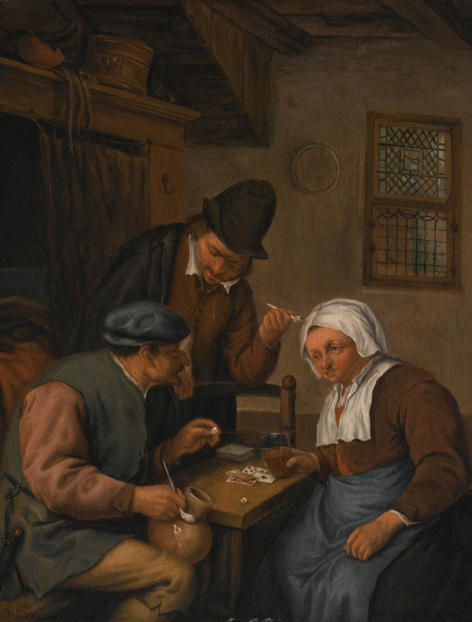 Interieur met kaartspelende boeren door Adriaen van Ostade