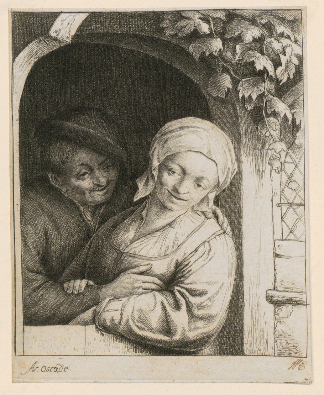 Landelijke tederheid - Boerenpaar in de deuropening door Adriaen van Ostade