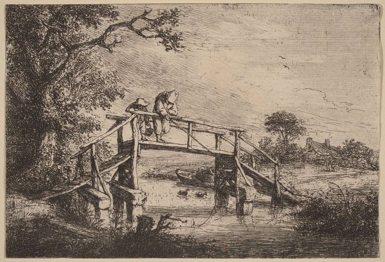 Landschap met een brug en twee vissers door Adriaen van Ostade
