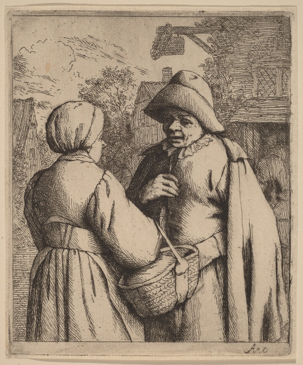 Man en vrouw in gesprek voor een herberg door Adriaen van Ostade
