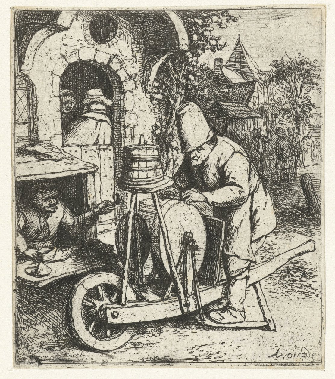 Messenslijper aan het werk bij een schoenmaker door Adriaen van Ostade