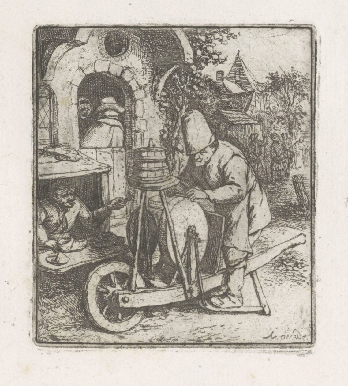 Messenslijper aan het werk bij een schoenmaker door Adriaen van Ostade