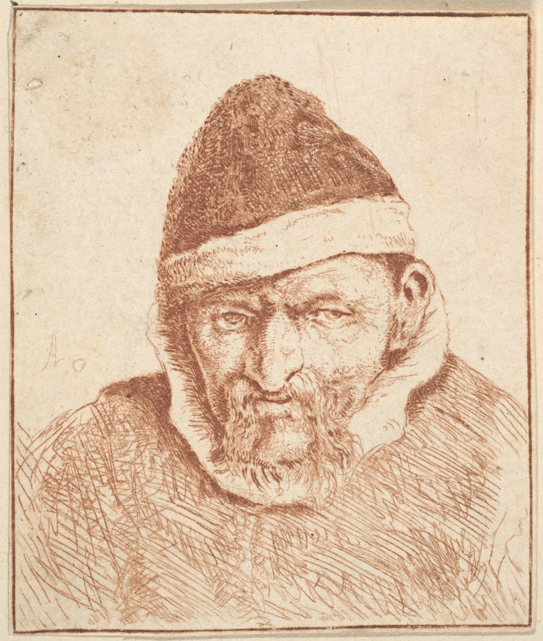 Oude man met een wit overhemd en een puntmuts door Adriaen van Ostade