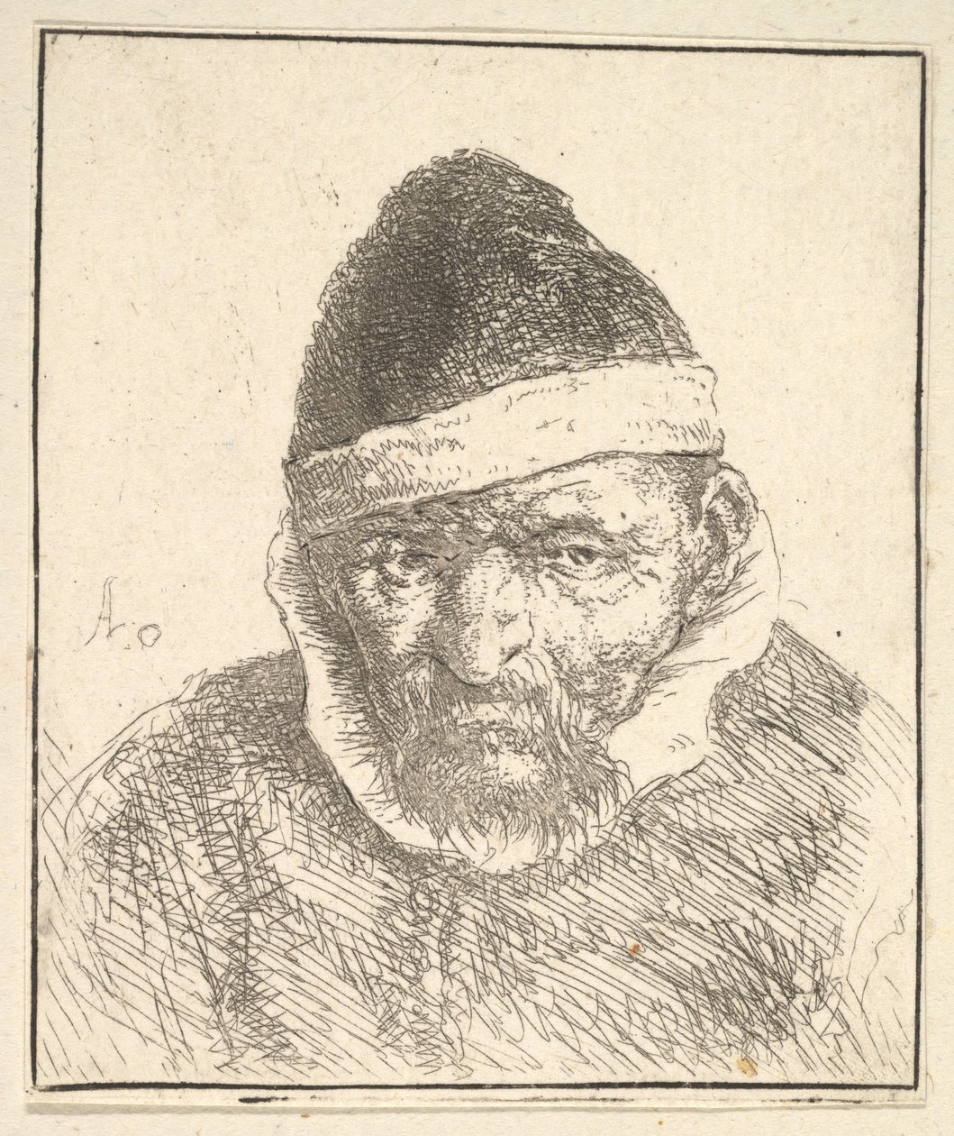 Oude man met witte kraag en puntmuts door Adriaen van Ostade