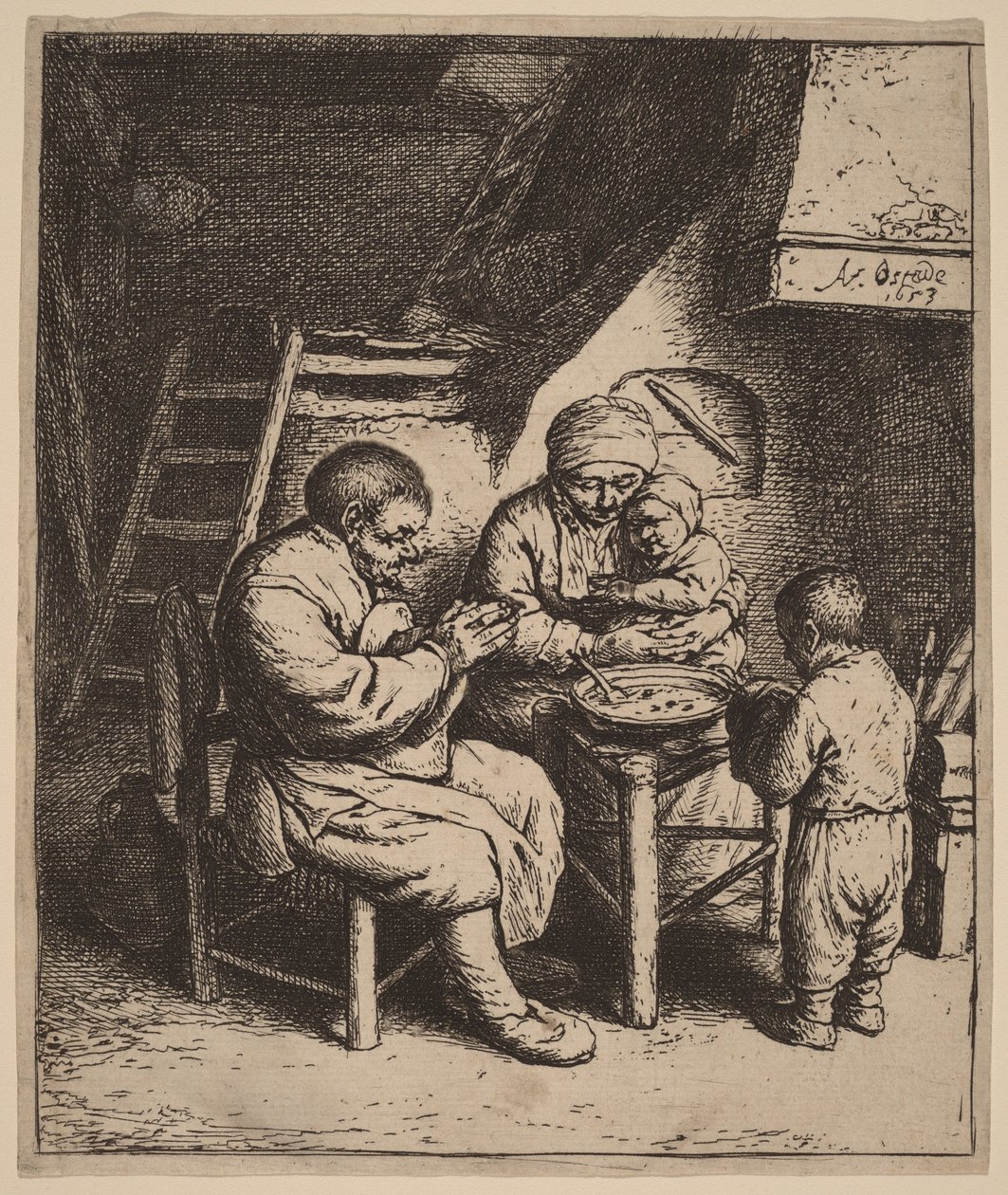 Boerenfamilie biddend voor de maaltijd door Adriaen van Ostade