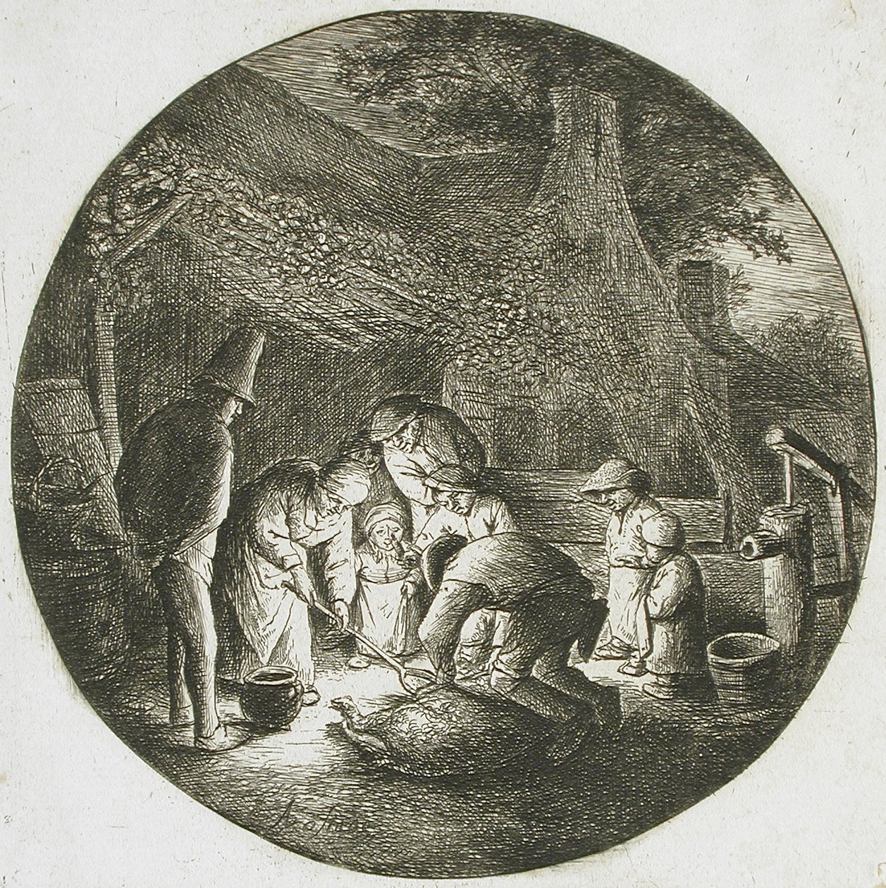 Boeren die een varken doden door Adriaen van Ostade