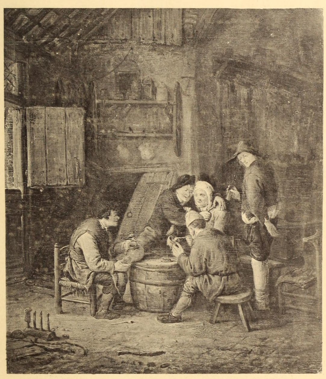 Boeren rond een vat in een herberg door Adriaen van Ostade