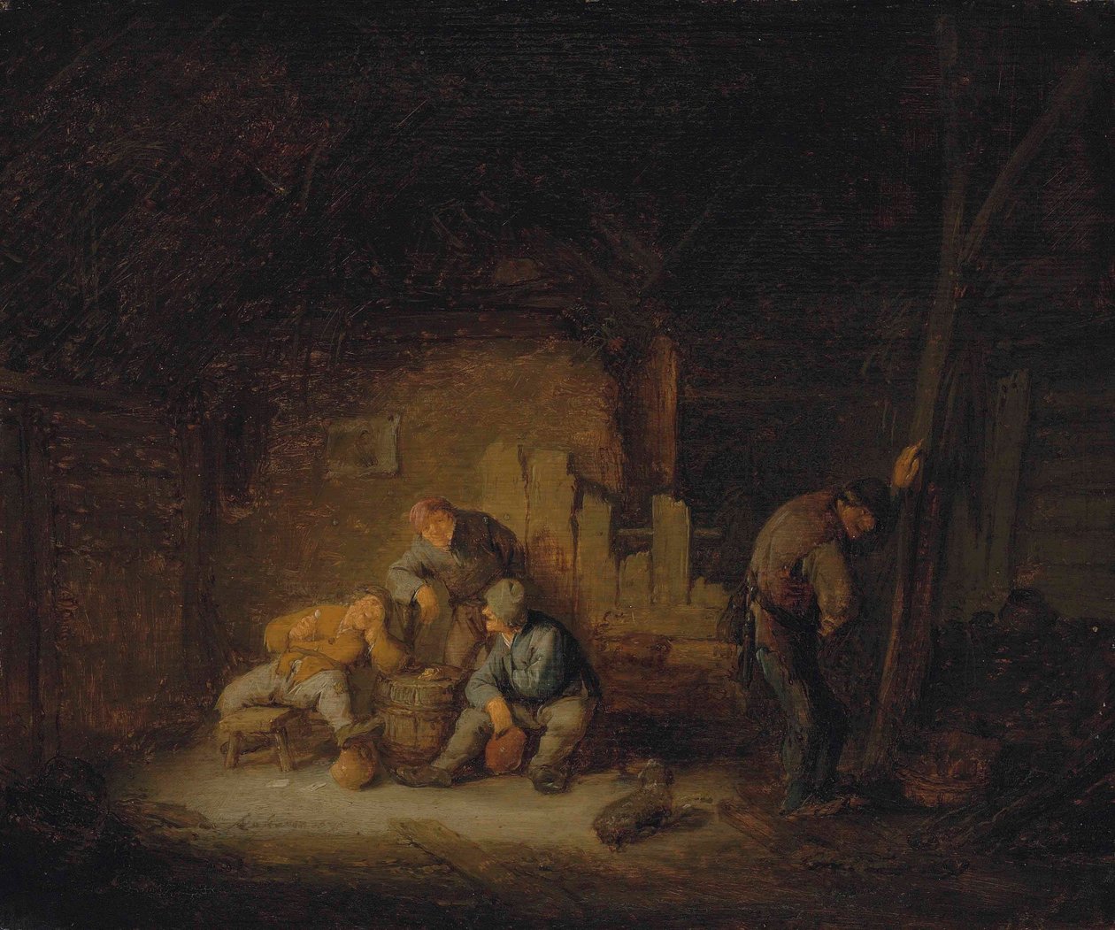 Boeren zitten en drinken in een schuur met een hond door Adriaen van Ostade