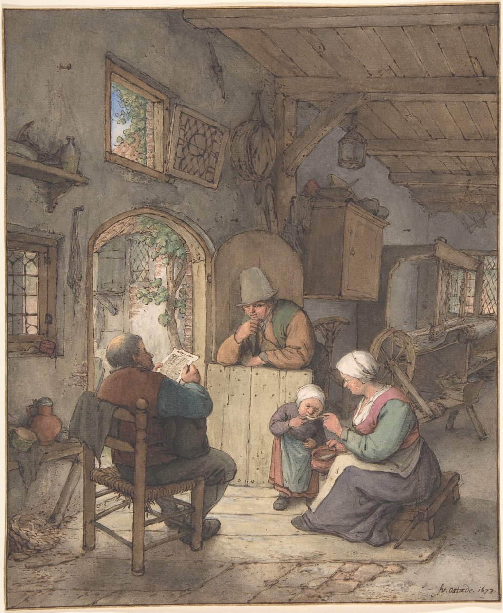 Het nieuws lezen in het huisje van de wevers door Adriaen van Ostade