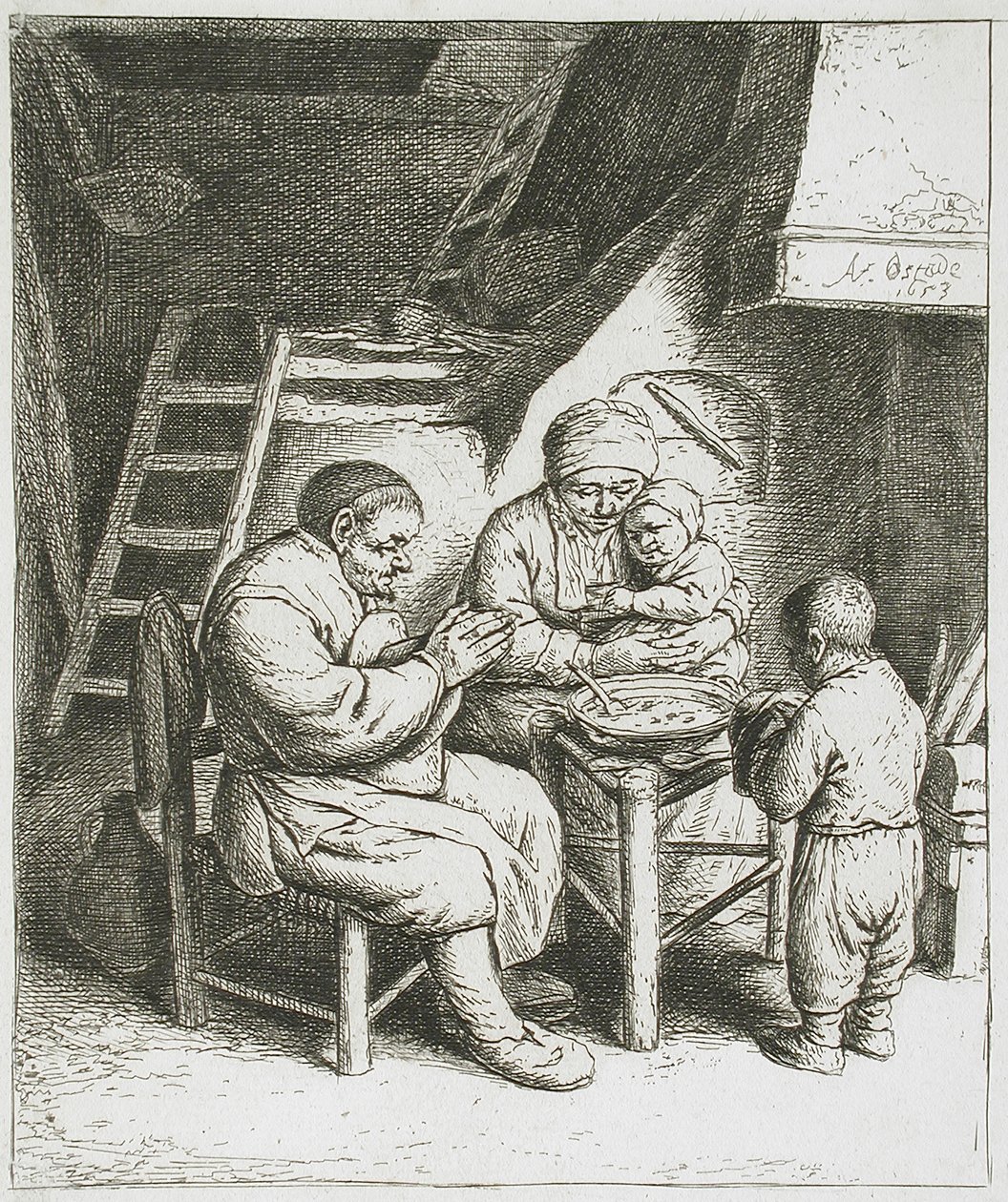 Het tafelgebed door Adriaen van Ostade