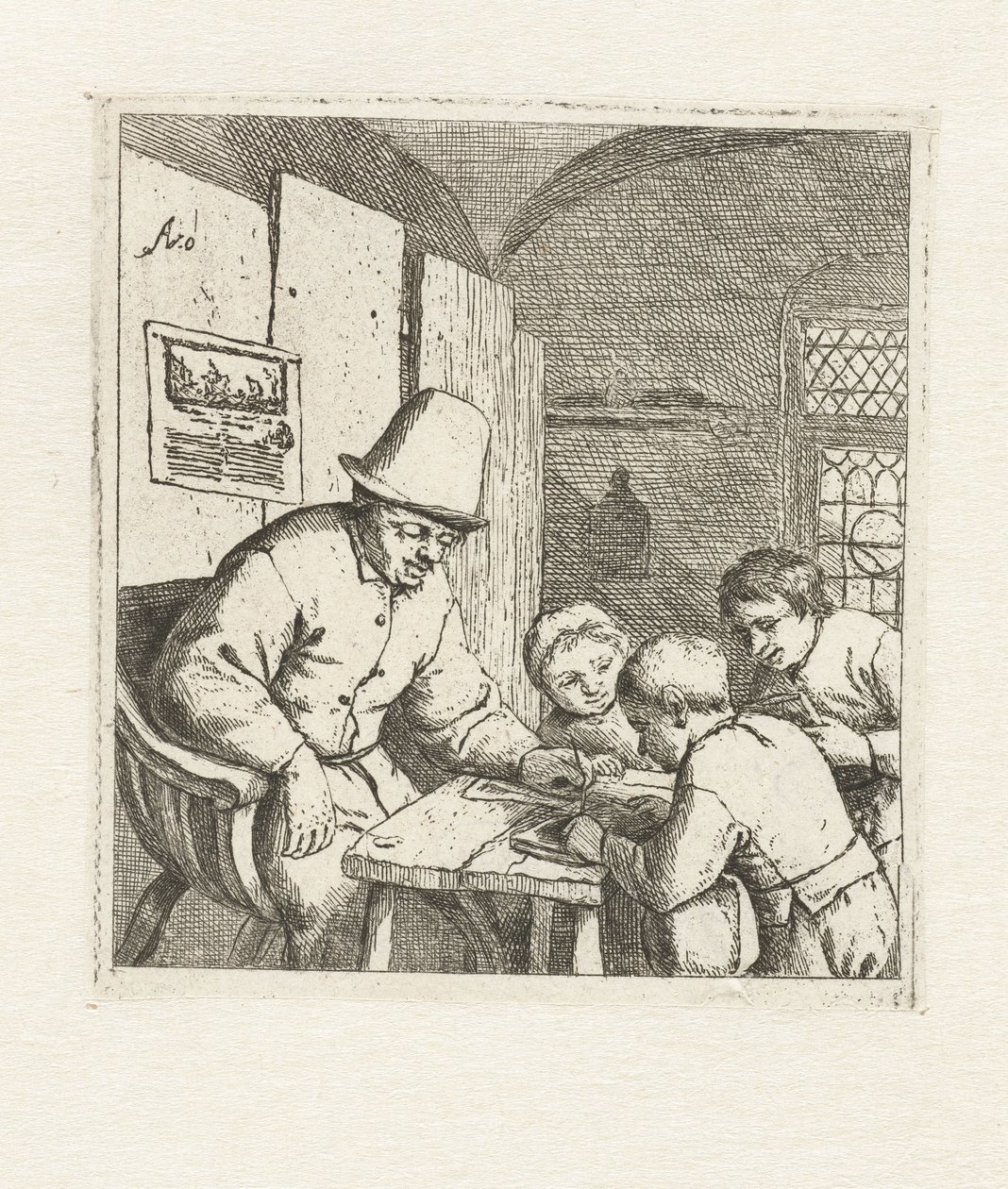 Schoolmeester met drie leerlingen bij tafel door Adriaen van Ostade