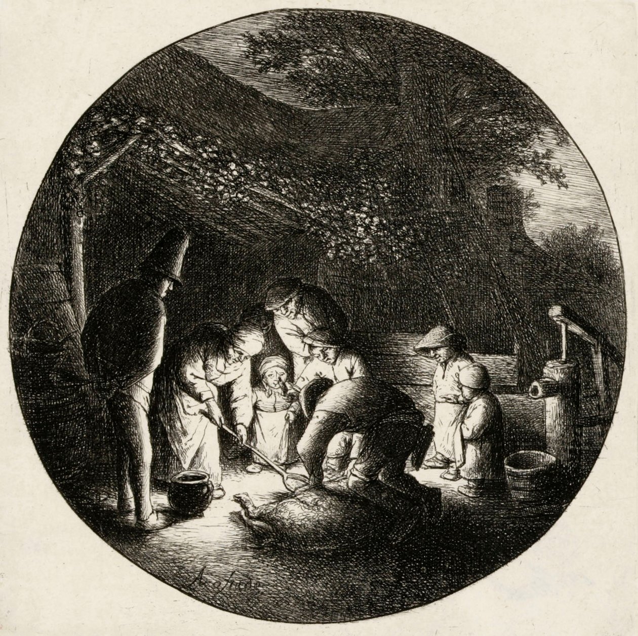 Slachting van een varken door Adriaen van Ostade
