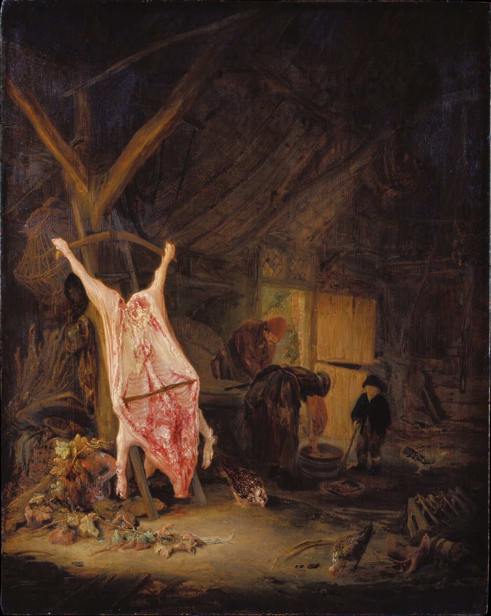 Geslacht varken in een schuur door Adriaen van Ostade