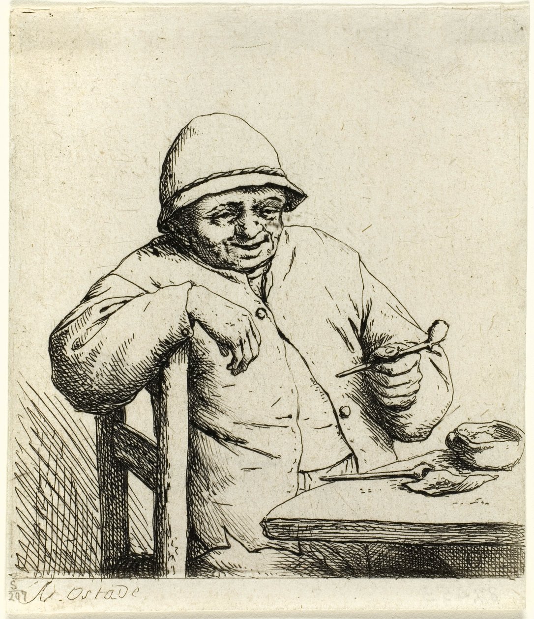 Roker Leunend op de Rug van een Stoel door Adriaen van Ostade