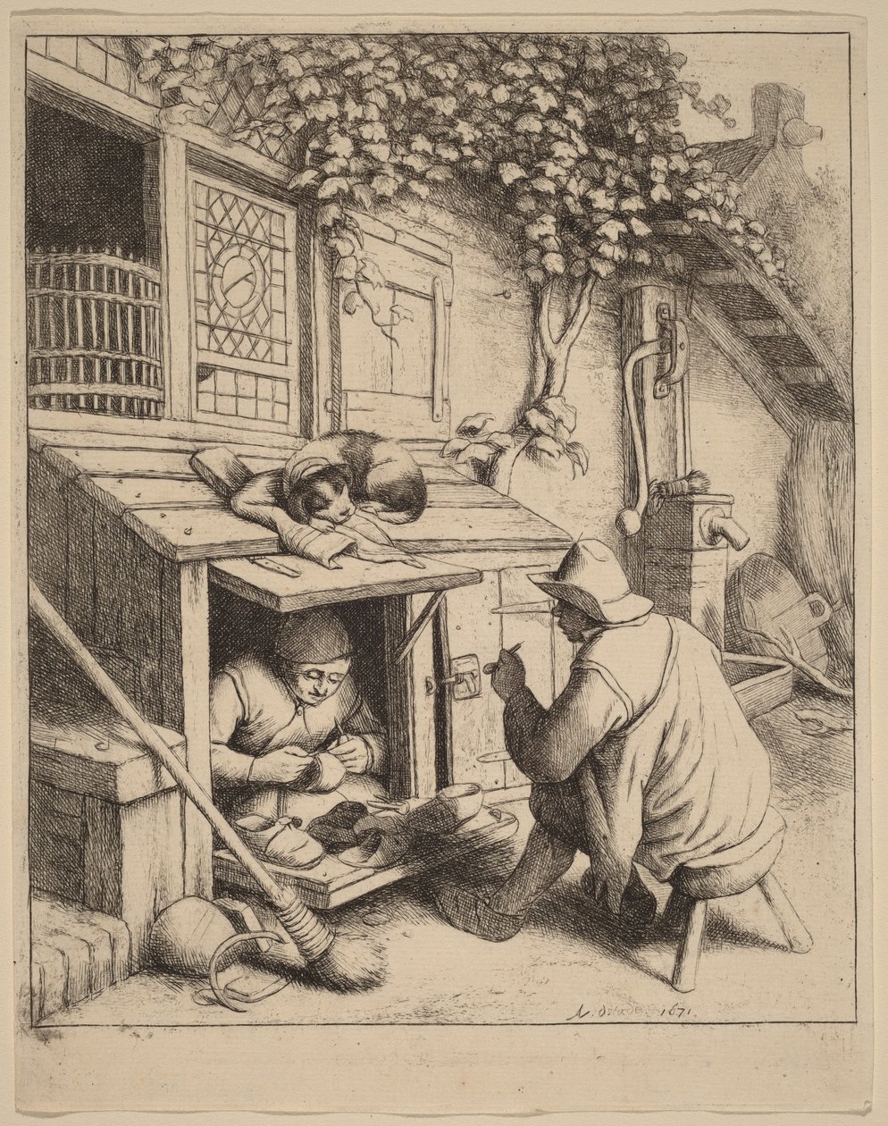 Roker op een kruk in gesprek met een werkende schoenmaker door Adriaen van Ostade