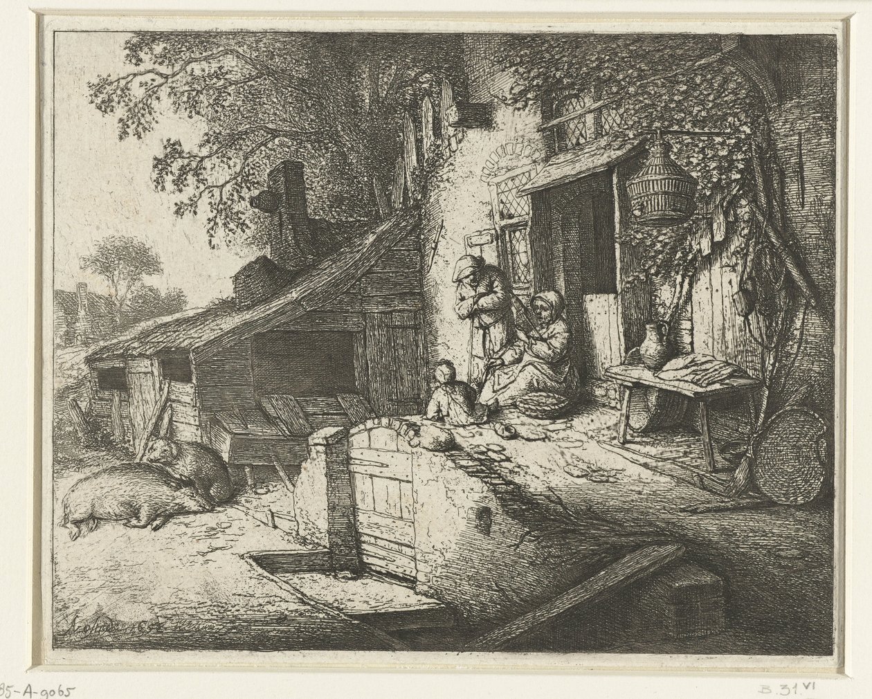 Spinnende vrouw voor een huis door Adriaen van Ostade