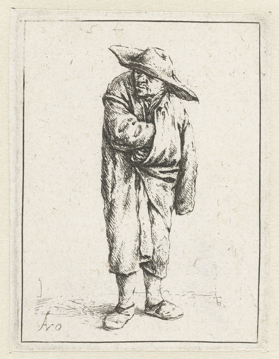Staande boer met hand en arm in zijn mantel door Adriaen van Ostade