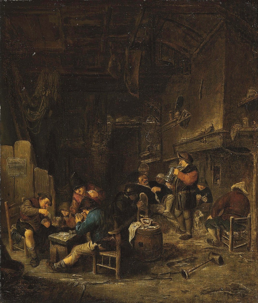 Taverne-interieur met kaartspelende, rokende en drinkende boeren door Adriaen van Ostade
